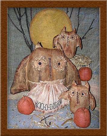 Hoot Nanny Owls-owl, hoot nanny, primitive, pumpkin, centerpiece, osnaburg