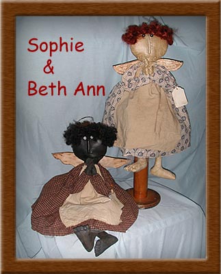 Sohie and Beth Ann-angel, stitch-sculpted, old-fashioned, painted, distressed muslin, Sophie and Beth Ann, primitive,